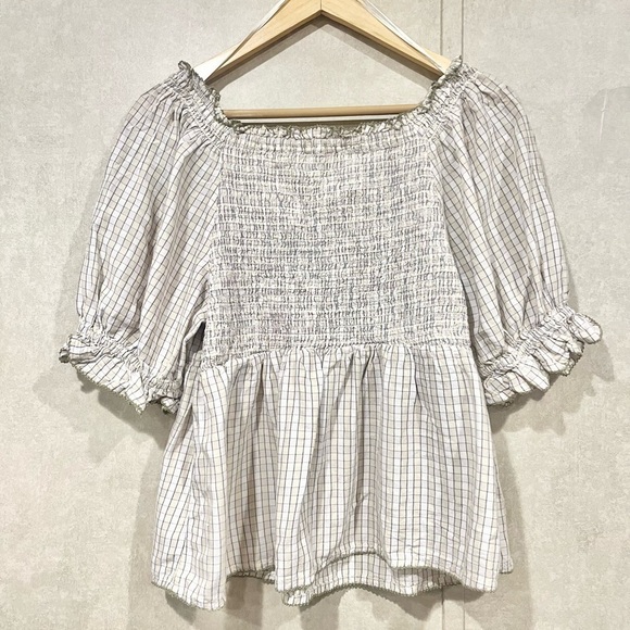 Old Navy Peasant Poof Sleeve Blouse Size Large Off Shoulder Peplum Top Plaid - Picture 3 of 4